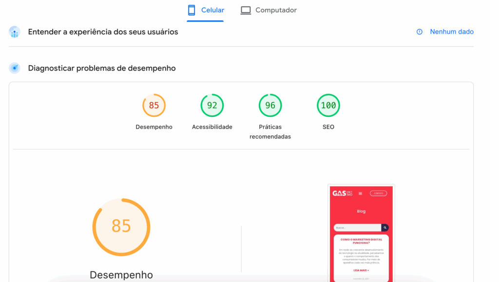 Imagem que mostra os dresultados colhidos do site da GasMKt360 no site PageSpeed Insights do Google.